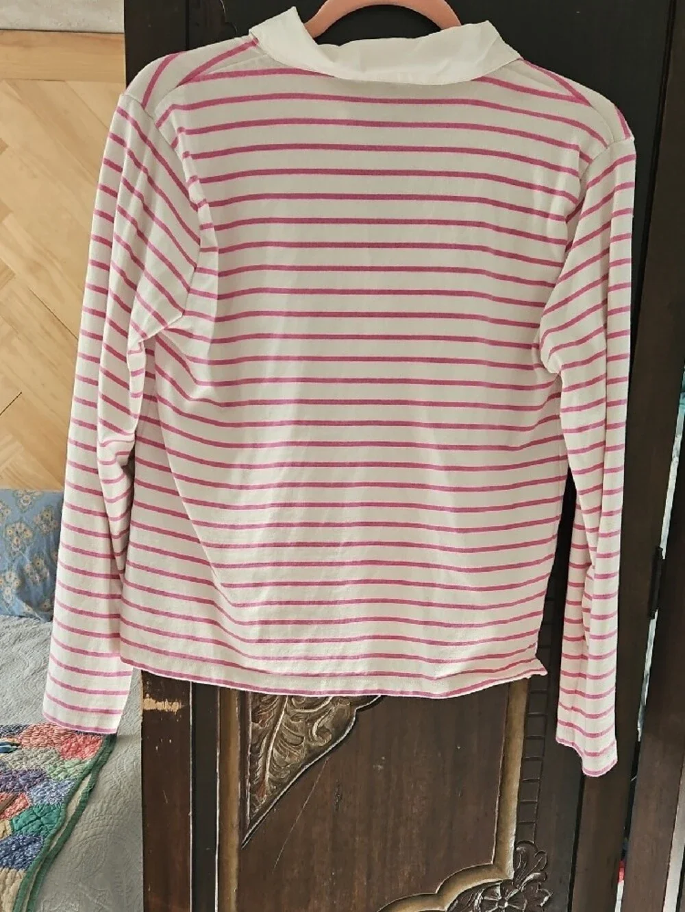 J. Crew White and Pink Striped Long-Sleeve Polo Top